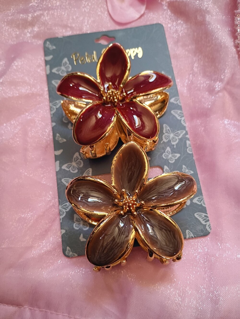 Gold-Tone Floral Brooch Set in Burgundy and Brown -